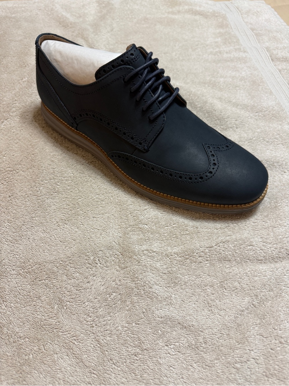 Cole Haan Navy Wingtip Derby with Brown Soles